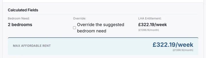 Calculated fields showing bedroom need, Local Housing Allowance entitlement and maximum affordable rent.