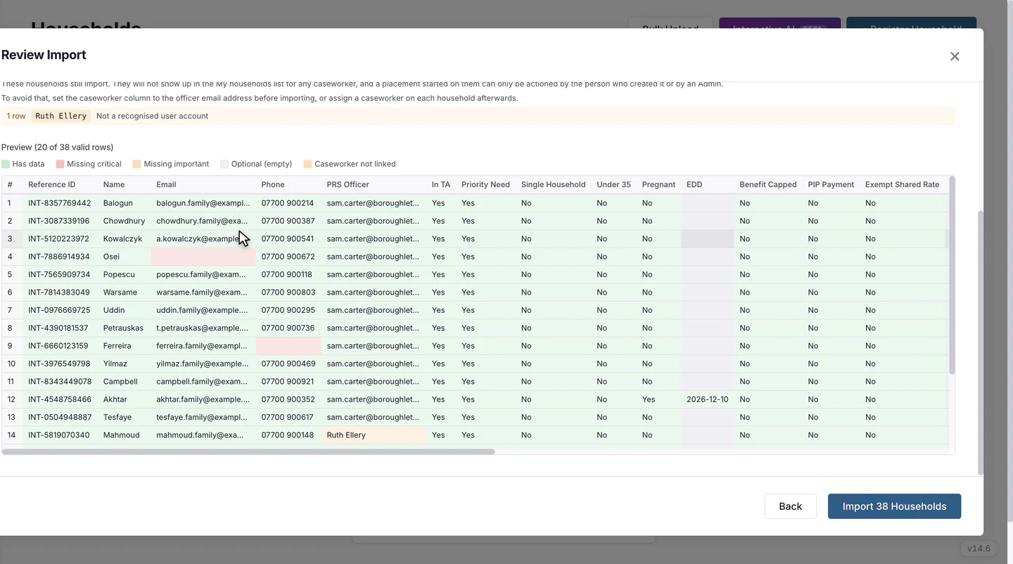 An import review screen showing a colour coded validation preview of household rows, with one row flagged for an unrecognised caseworker.