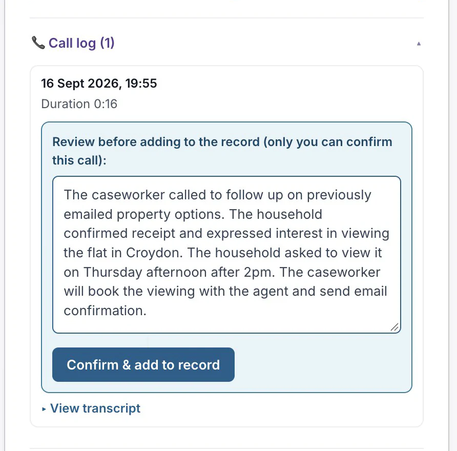 A call log entry with an AI drafted summary in an editable box, headed review before adding to the record, above a confirm and add to record button.