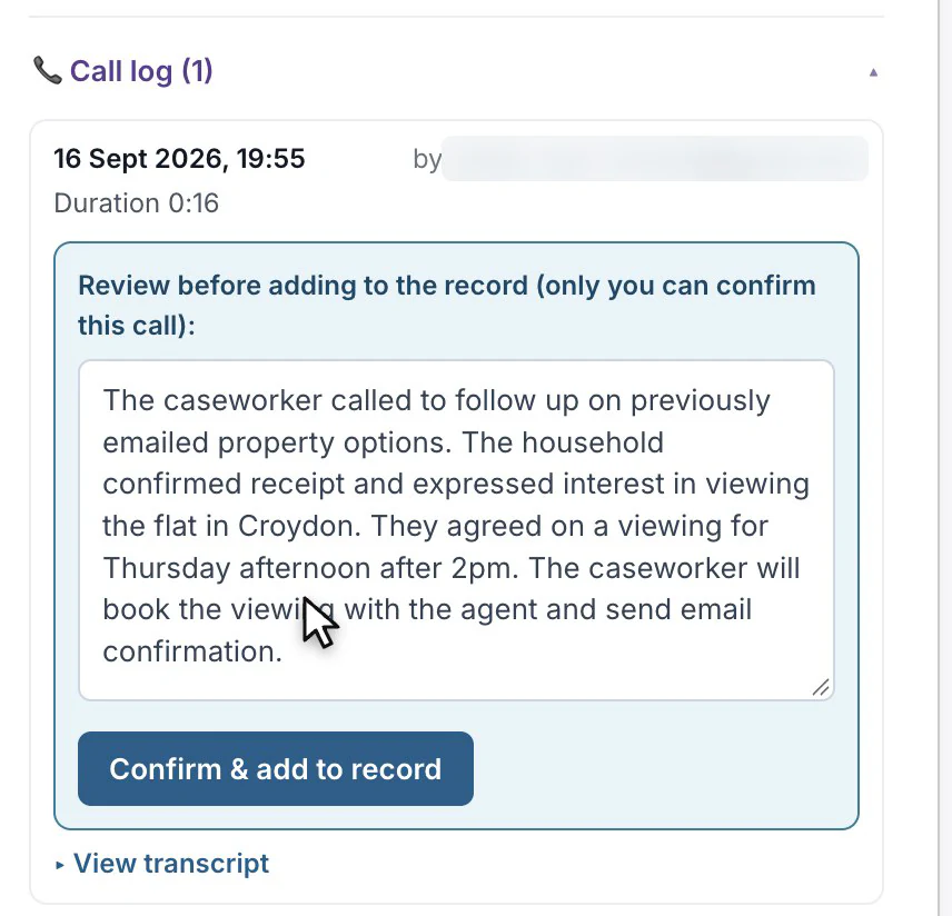 A call log entry with an AI drafted summary in an editable box, headed review before adding to the record, above a confirm and add to record button.