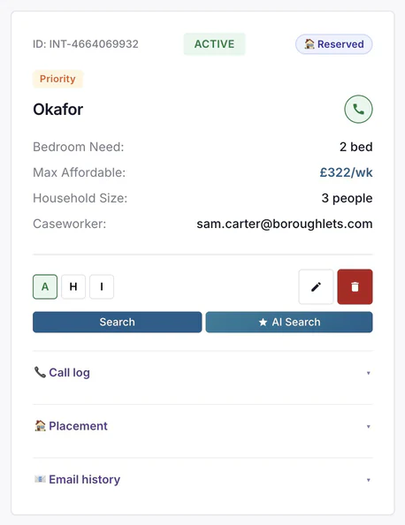 A household record card showing status, a reserved badge, bedroom need and weekly maximum.