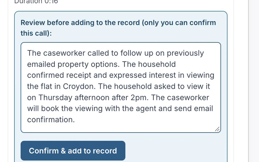 A drafted call summary with its confirm button, waiting for the caseworker
