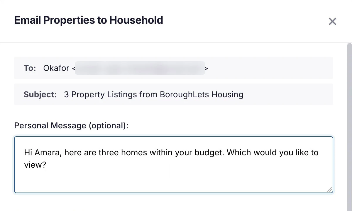 An email to the family being written: three shortlisted homes and a personal message