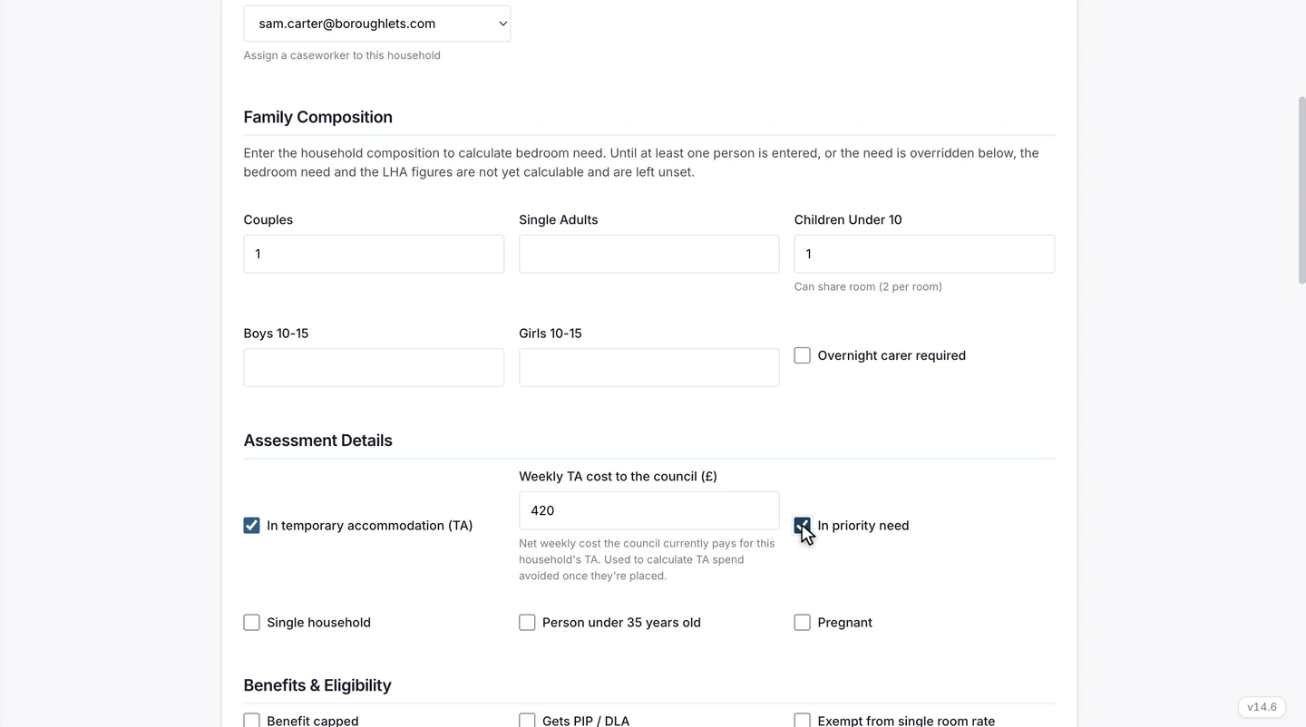 The register a household form, showing family composition with bedroom need and weekly Local Housing Allowance calculated automatically.