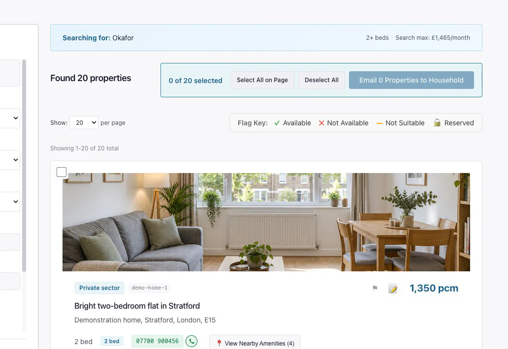 A search result card for a two bedroom flat with its rent, bed count and buttons to view details and nearby amenities.